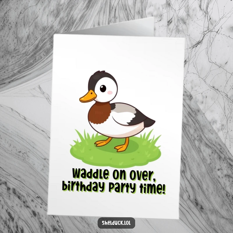 Funny Free Printable Birthday Card: A shelduck bird playfully waddles across a green grassy patch, wishing happy birthday.