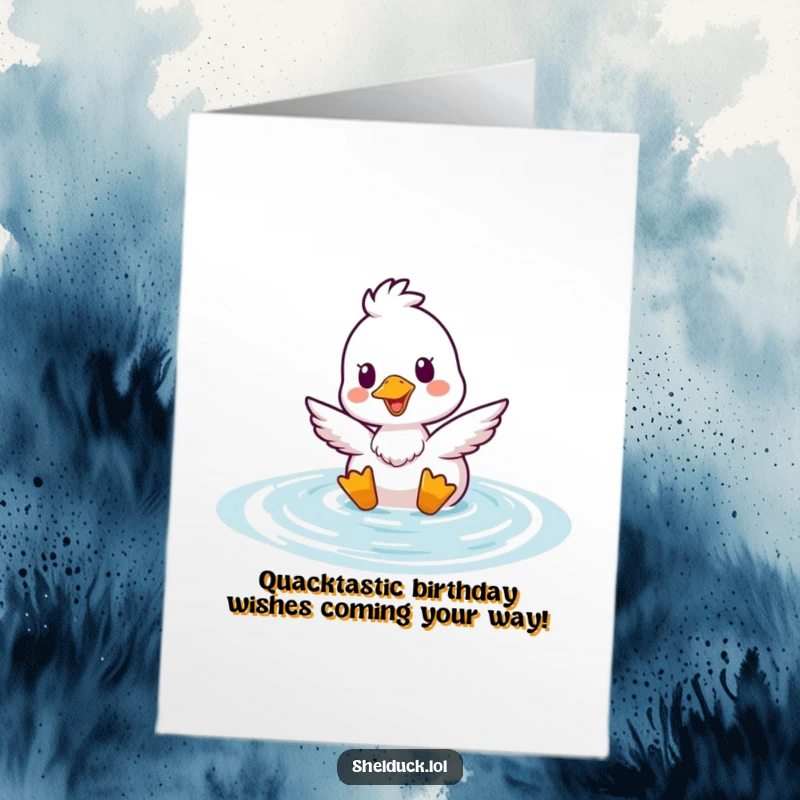 Funny Free Printable Birthday Card: Cheerful shelduck popping up from water, radiating happiness and birthday cheer.