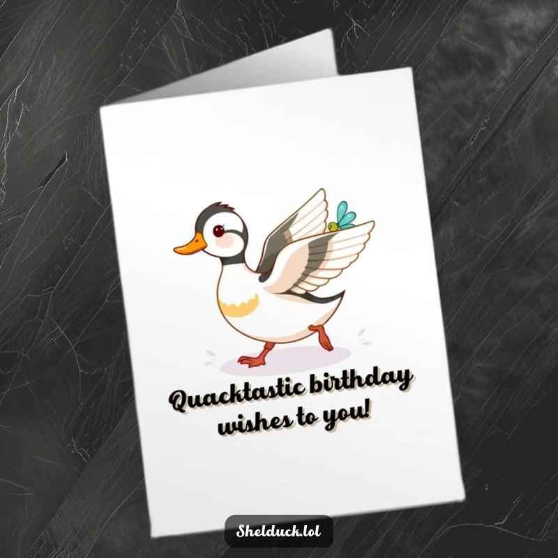 Funny Free Printable Birthday Card: A determined shelduck comically chasing a glowing dragonfly with glee.