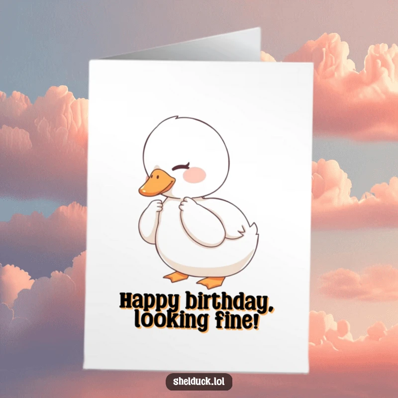 Funny Free Printable Birthday Card: Shelduck contentedly preening its feathers with a smile, ideal for a relaxing DIY greeting.
