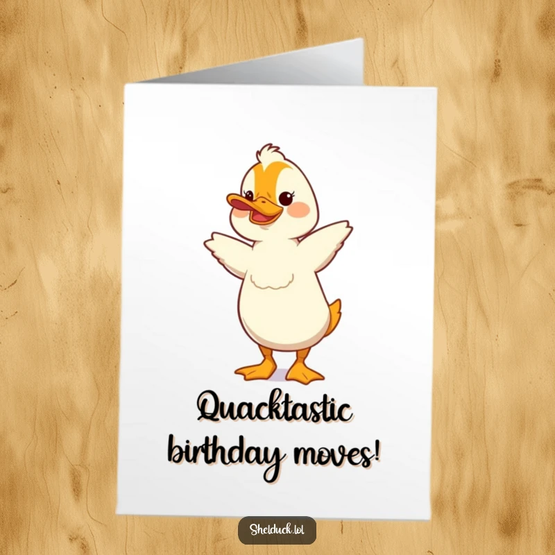 Funny Free Printable Birthday Card: Shelduck doing a silly, bobbing dance, perfect for a humorous DIY greeting.
