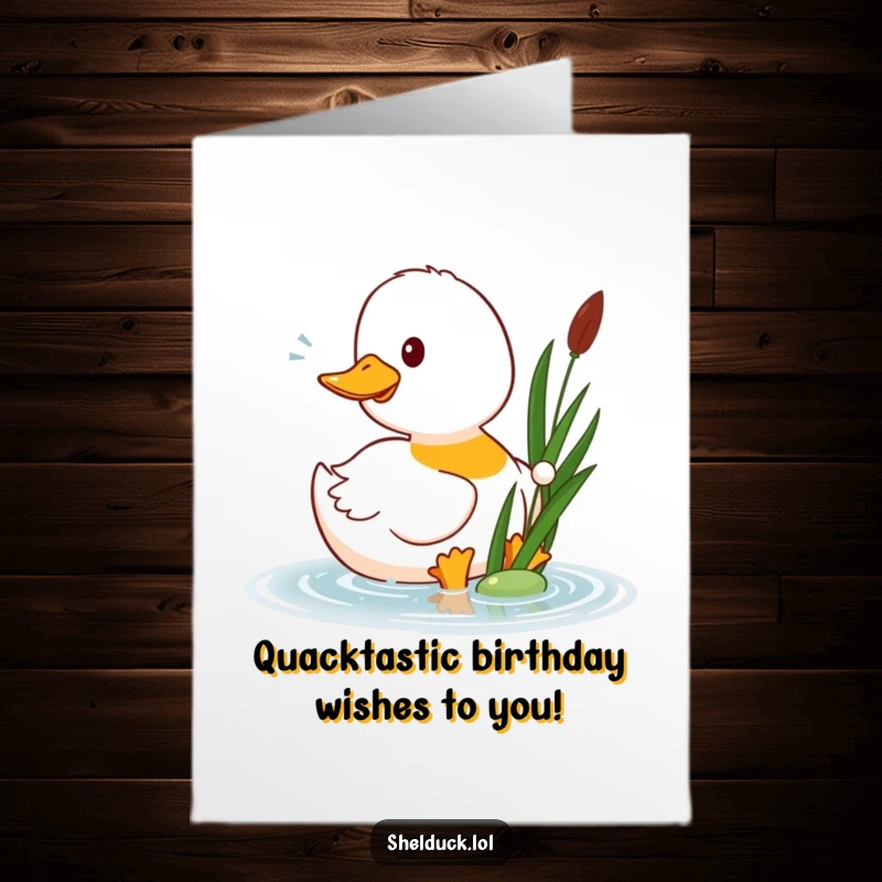 Funny Free Printable Birthday Card: A shelduck with a happy face playfully pecking a floating reed, spreading cheer.