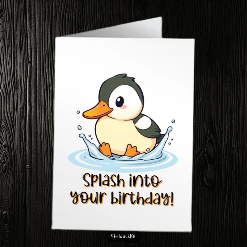 Funny Free Printable Shelduck Birthday Card: A shelduck playfully splashing water with its beak, creating tiny droplets.