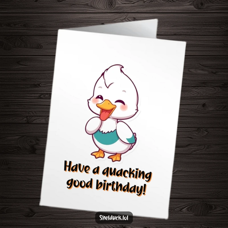 Funny Free Printable Birthday Card: A shelduck character gleefully dipping its beak into something unseen, with a happy expression.