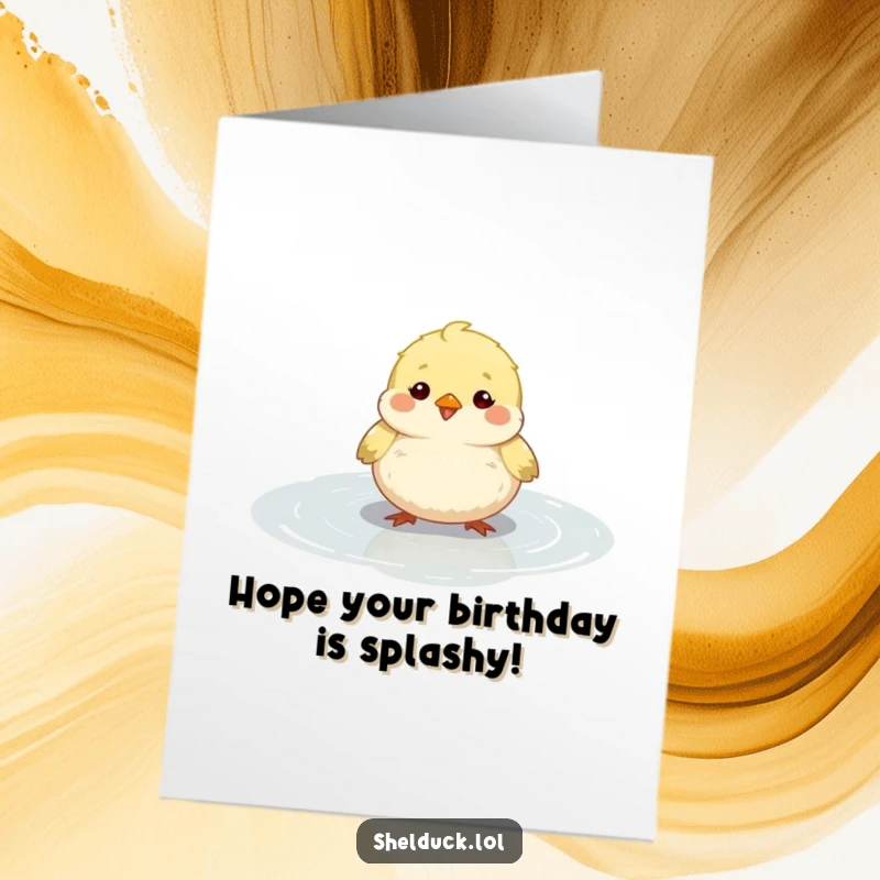 Funny Free Printable Birthday Card featuring a small, fluffy bird happily bobbing in a shallow puddle, perfect for birthdays.