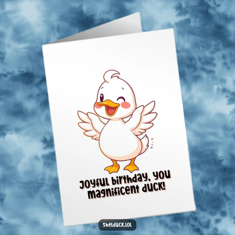 Funny Free Printable Birthday Card: Shelduck with wings spread wide, looking joyful, perfect for a happy DIY greeting.