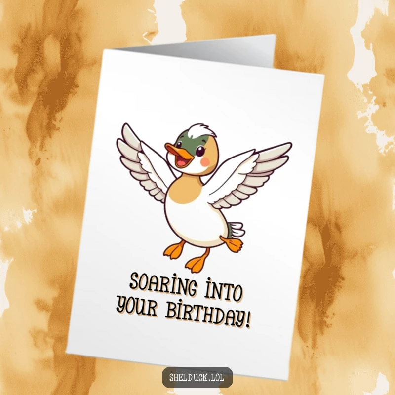 Funny free printable birthday card of a shelduck happily flying with wings outstretched, celebrating freedom and joy.