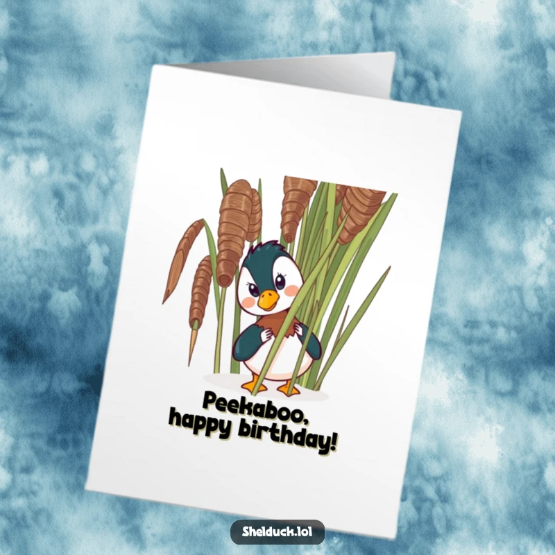 Funny Free Printable Birthday Card: A shelduck comically peeks from behind a large reed, eyes wide with mischief. Birthday surprise humor.