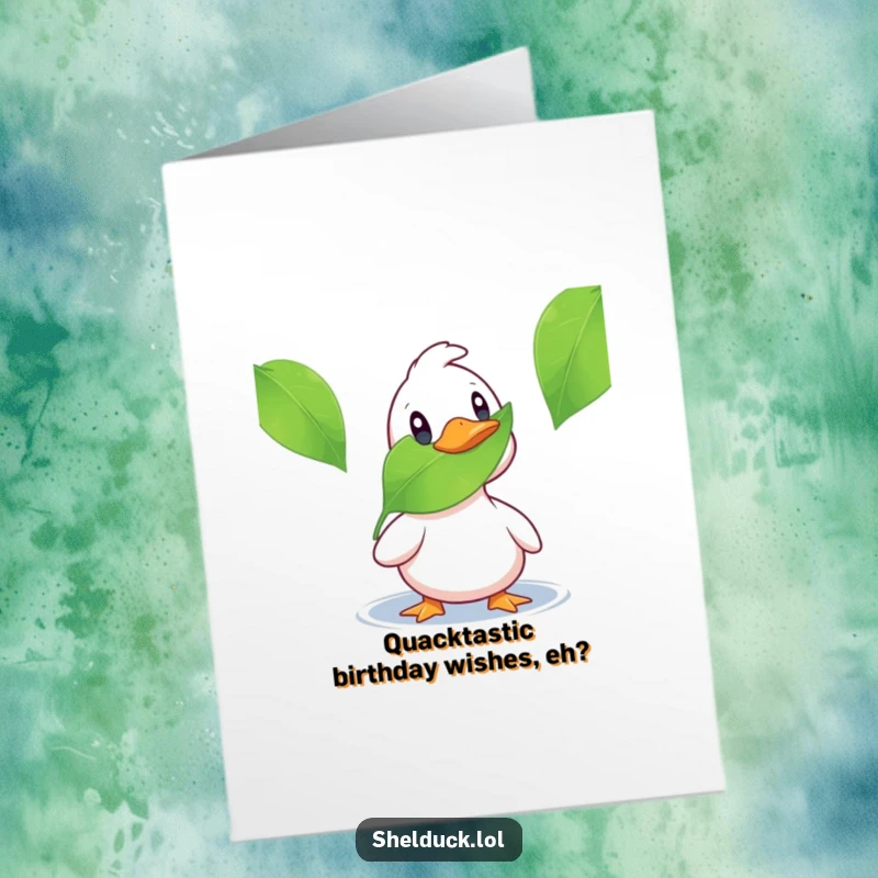 Funny Free Printable Shelduck Birthday Card: Surprised duck reacts to a floating leaf, perfect for a unique greeting.