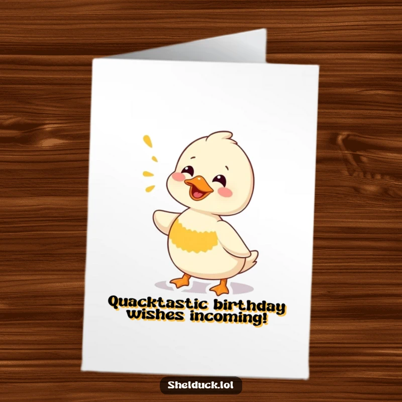Funny Free Printable Birthday Card: Shelduck character hilariously chirping with wide eyes and open beak, ready to celebrate.