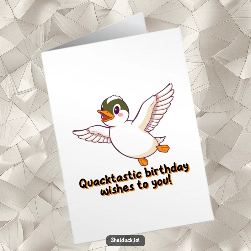 Funny Free Printable Birthday Card: Shelduck in full flight, wings spread wide, conveying pure birthday joy.