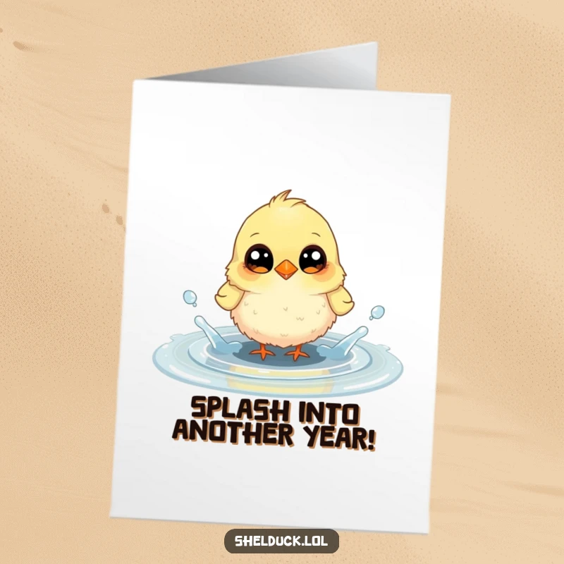 Funny free printable birthday card: a fluffy bird with big eyes joyfully splashes in a puddle, celebrating with watery glee.