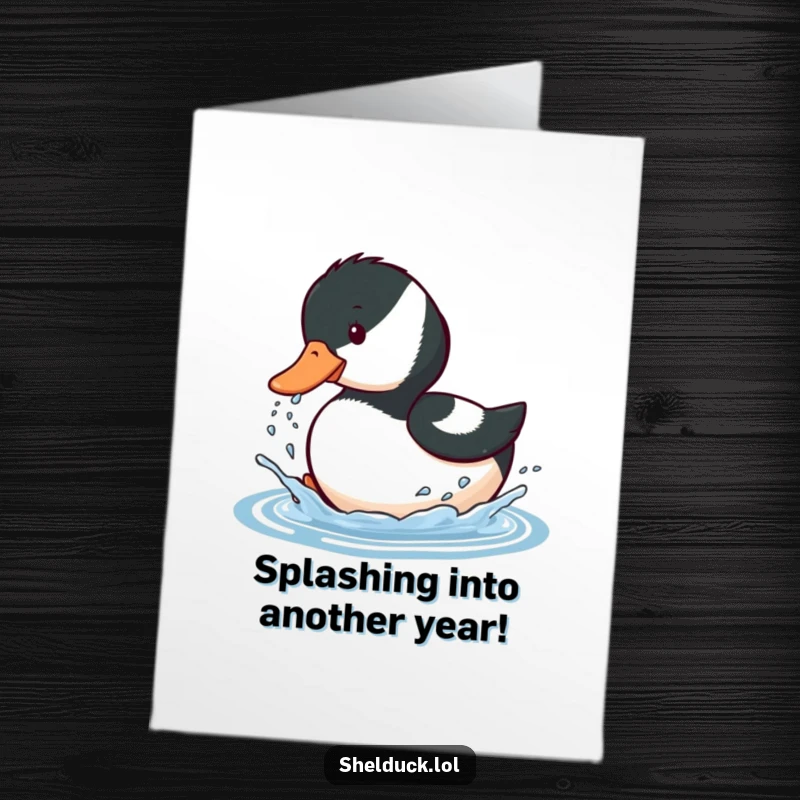 Funny free printable birthday card showing a shelduck bird playfully splashing water with its beak, celebrating joyfully.