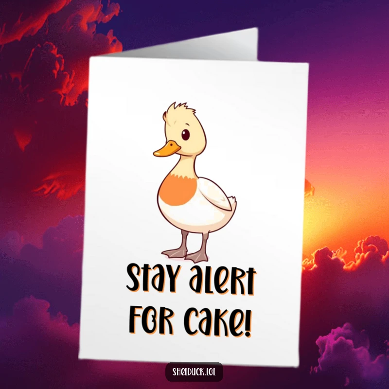 Funny Free Printable Birthday Card: Shelduck standing tall and alert, looking around, a humorous downloadable greeting.