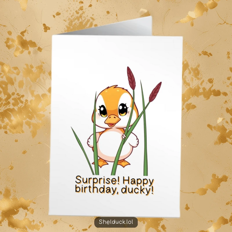 Funny free printable birthday card featuring a shelduck with wide eyes peeking from behind a reed, full of playful curiosity.