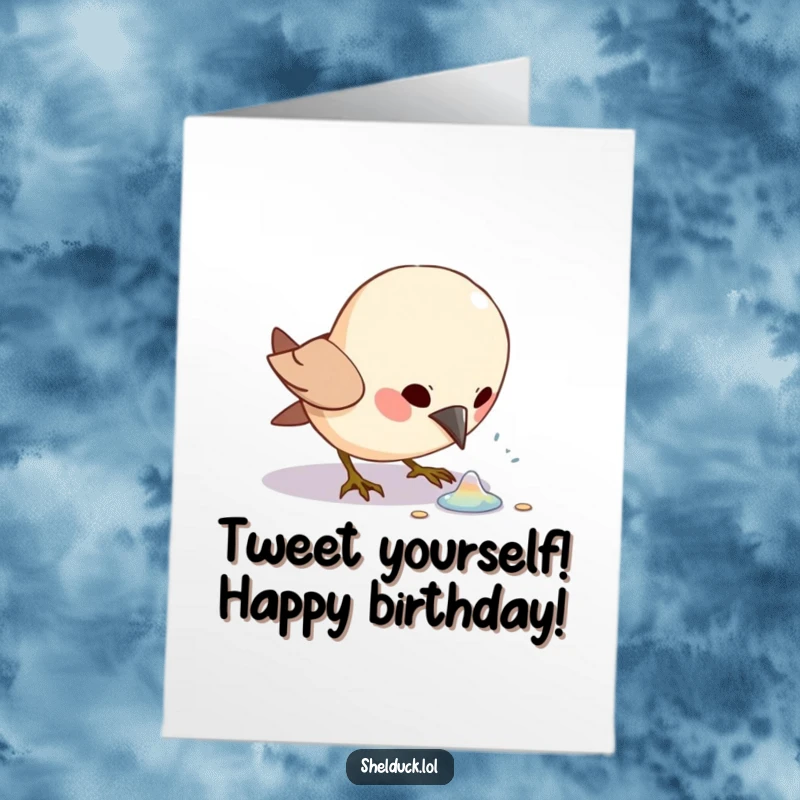 Funny Free Printable Birthday Card: Small bird pecking excitedly at a shiny object, a humorous take on finding birthday joy.