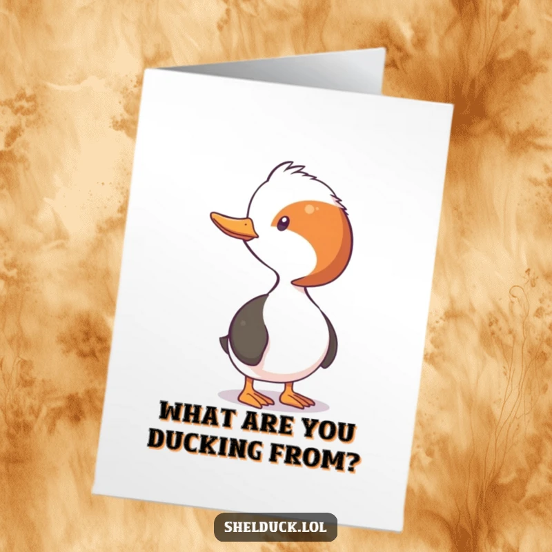 Funny Free Printable Birthday Card: Shelduck stretching neck curiously, looking at something with a humorous expression, perfect for a gag gift.