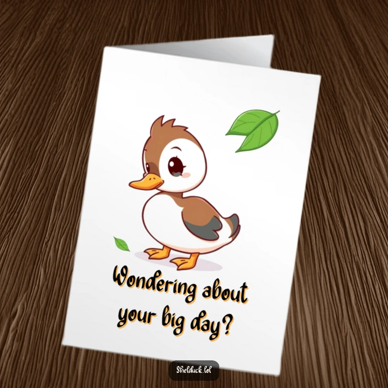 Funny Free Printable Shelduck Birthday Card: A shelduck curiously tilts its head, examining a floating leaf with a questioning expression.