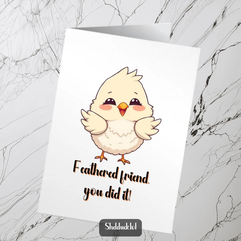 Funny Free Printable Congratulations Card of a smiling, fluffy bird playfully dipping its tail feathers to celebrate.