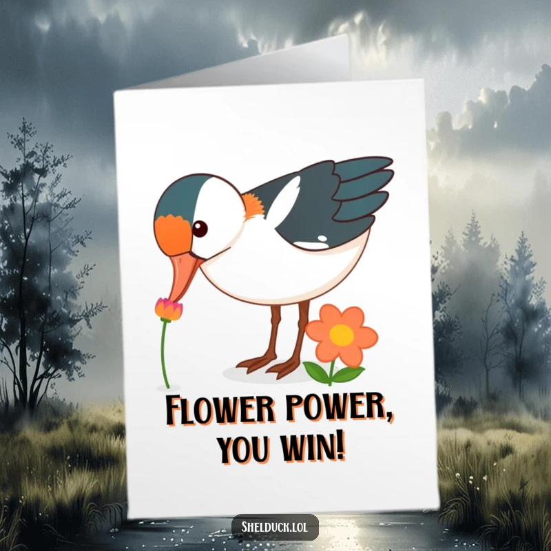 Funny Free Printable Congratulations Card showing a shelduck bird curiously pecking at a single, brightly colored flower, celebrating success.