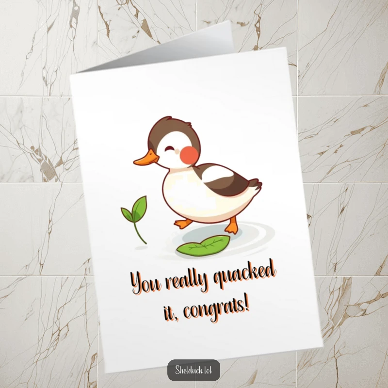 Funny Free Printable Congratulations Card showing a happy shelduck eagerly chasing a small leaf, perfect for celebrating wins.