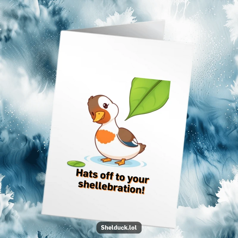 Funny Free Printable Congrats Card: A shelduck curiously observes a floating leaf, ideal for a downloadable congratulations gift.