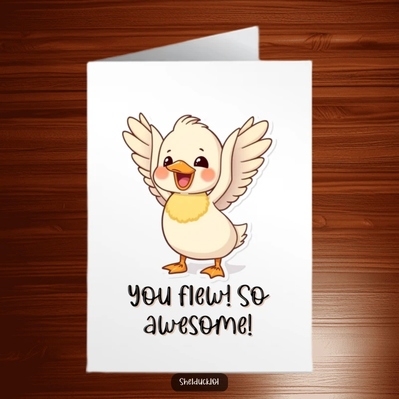 Funny Free Printable Congratulations Card: A shelduck flaps its wings with utter delight, celebrating a big win.