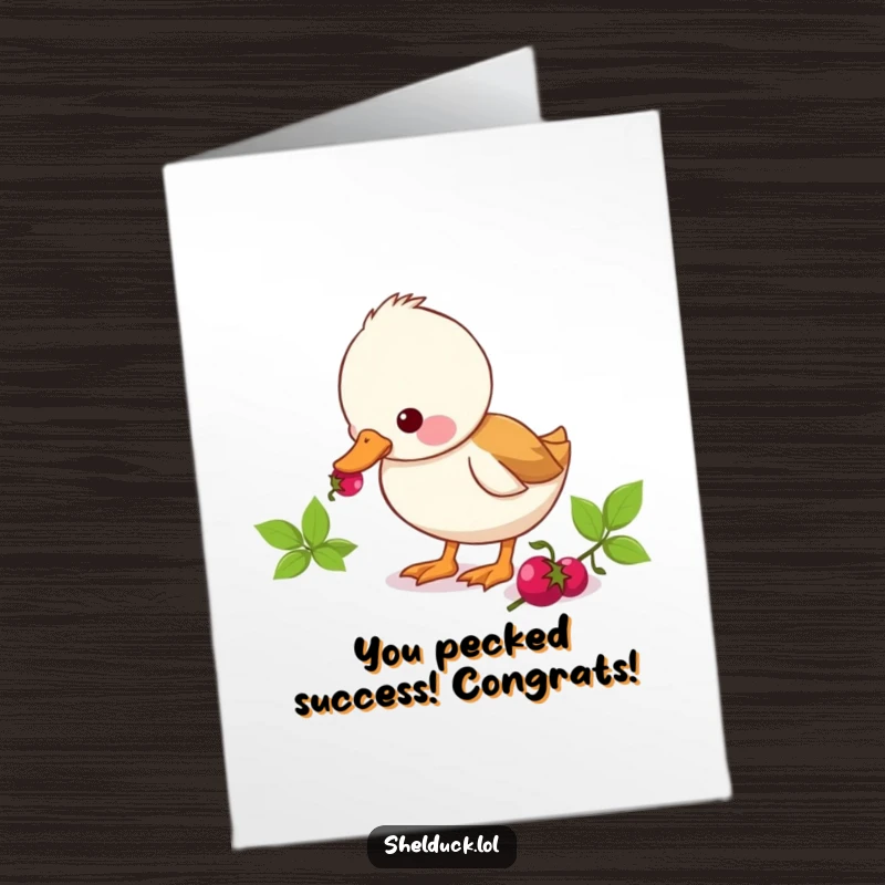 Funny Free Printable Congratulations Card: Shelduck eagerly pecking at a berry, a humorous downloadable.