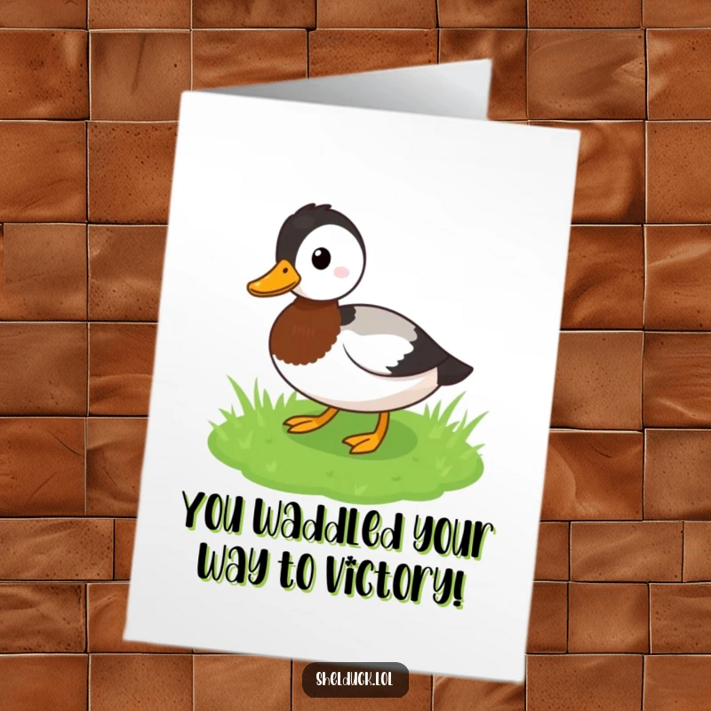 Funny Free Printable Congratulations Card: A shelduck waddles happily across grass, perfect for congratulating someone.