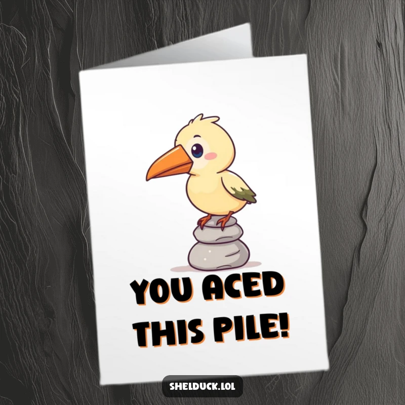 Free printable congratulations card: a bird with a comically large beak humorously balances a stack of pebbles, representing hard-won success.