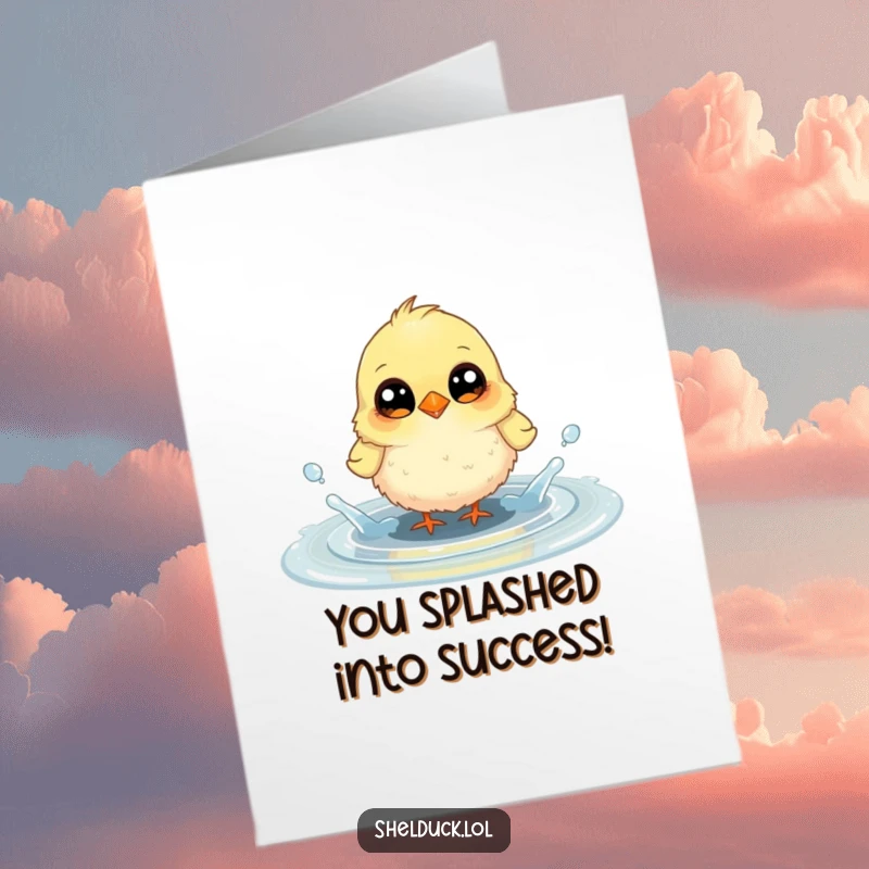 Free printable congratulations card: a fluffy bird with large eyes gleefully splashes in a puddle, expressing joy and excitement.