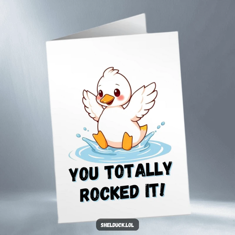 Funny free printable congratulations card with a shelduck playfully splashing water, a delightful downloadable for any achievement.