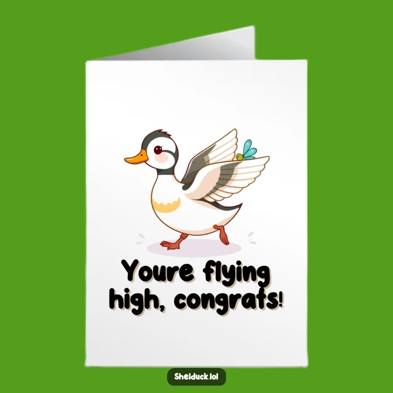 Free Printable Shelduck Congratulations Card: Funny Duckling chasing Dragonfly downloadable gift