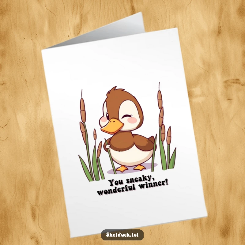 Funny Free Printable Shelduck Congratulations Card: A playful shelduck peeks from reeds, winking mischievously to convey congratulations.