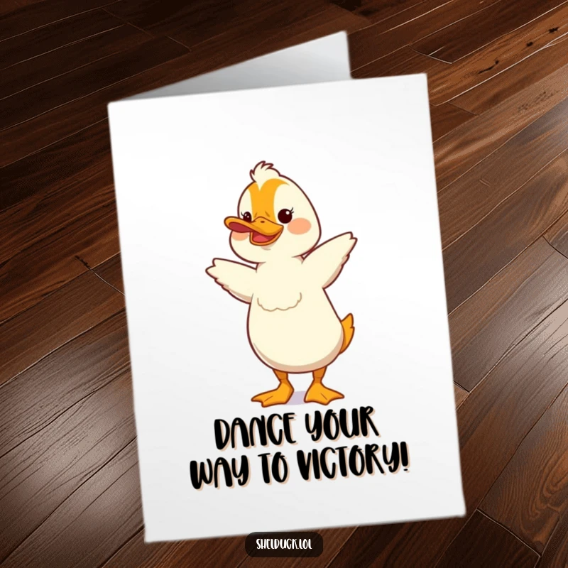 Funny Free Printable Congrats Card: Shelduck character performing a silly bobbing dance, ideal for a cheerful DIY card.