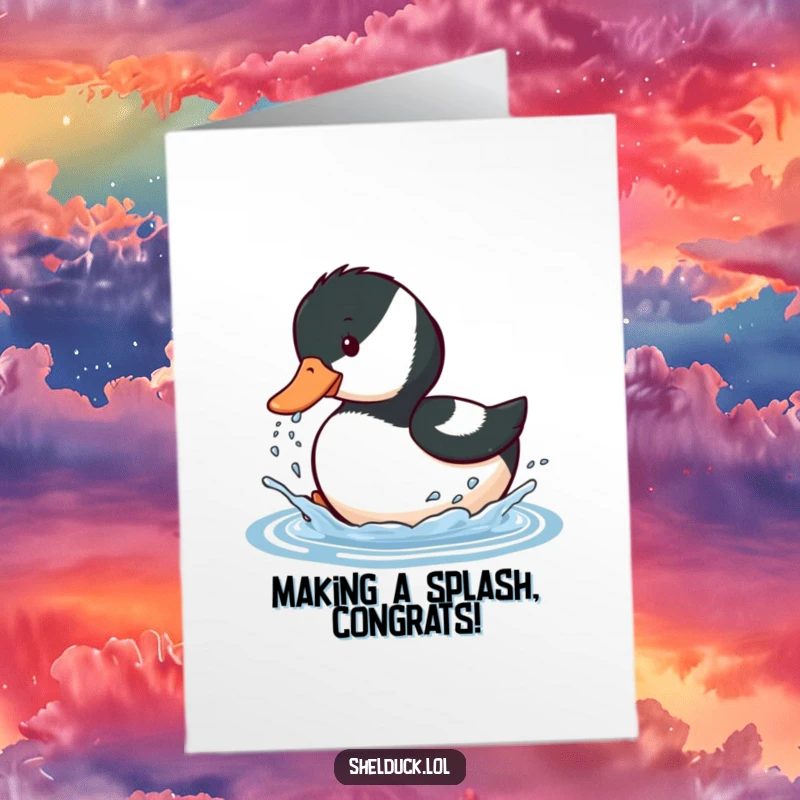Funny free printable congratulations card of a shelduck bird splashing water with its beak, signifying a joyous occasion.