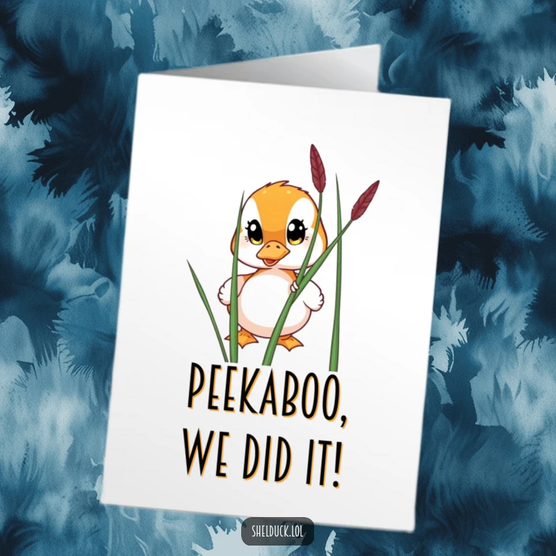 Funny free printable congratulations card of a shelduck with wide eyes peeking from behind a reed, expressing surprise and happiness.