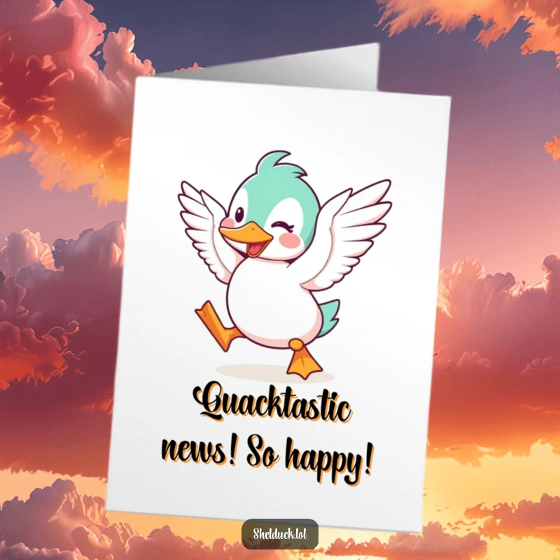 Funny Free Printable Congratulations Card: A shelduck character flaps its wings rapidly, radiating excitement.