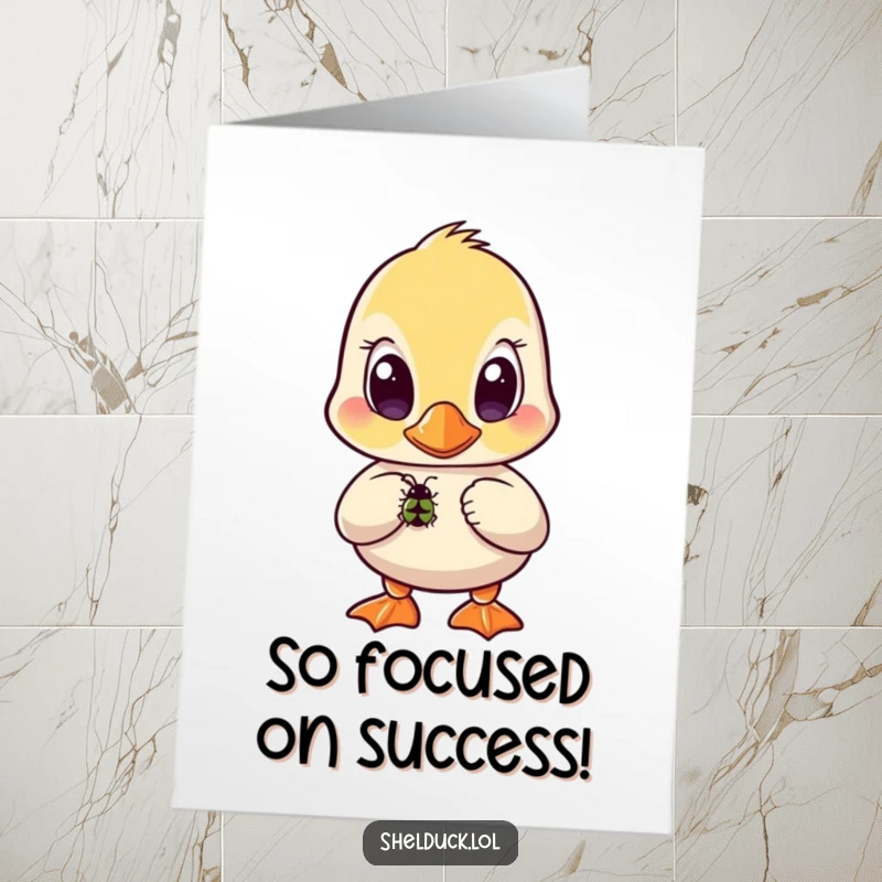 Funny Free Printable Congrats Card: Shelduck with wide eyes curiously watching a bug, showing intense interest, unique downloadable.