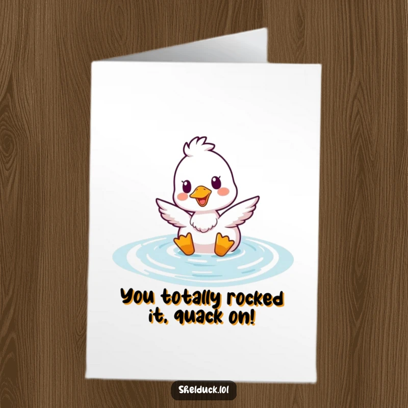 Funny Free Printable Congratulations Card: Elated shelduck emerging from water, celebrating achievements with a happy bob.