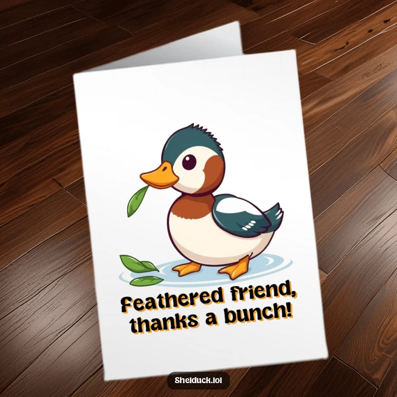 Funny Free Printable Thank You Card: Shelduck intently watching a leaf float by, head tilted inquisitively.