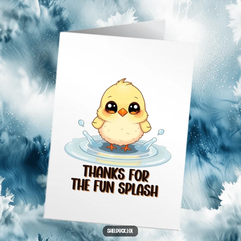 Funny free printable thank you card: a small, fluffy bird with curious eyes joyfully splashes in a puddle, a picture of pure delight.