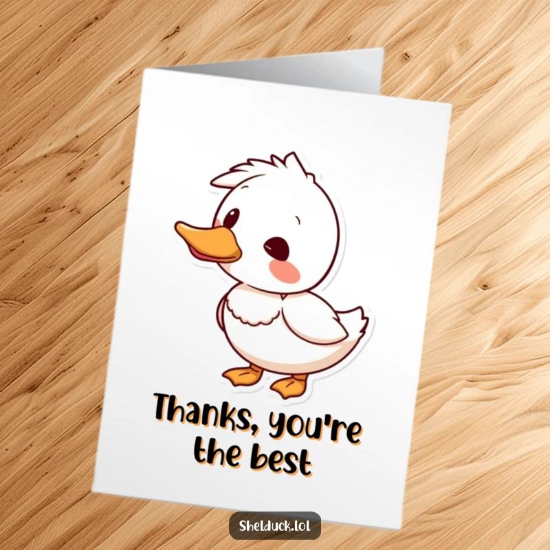 Funny free printable thank you card featuring a shelduck curiously tilting its head, a humorous downloadable message.