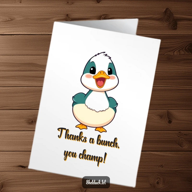 Funny Free Printable Thank You Card featuring a shelduck with its beak open in a happy quack.