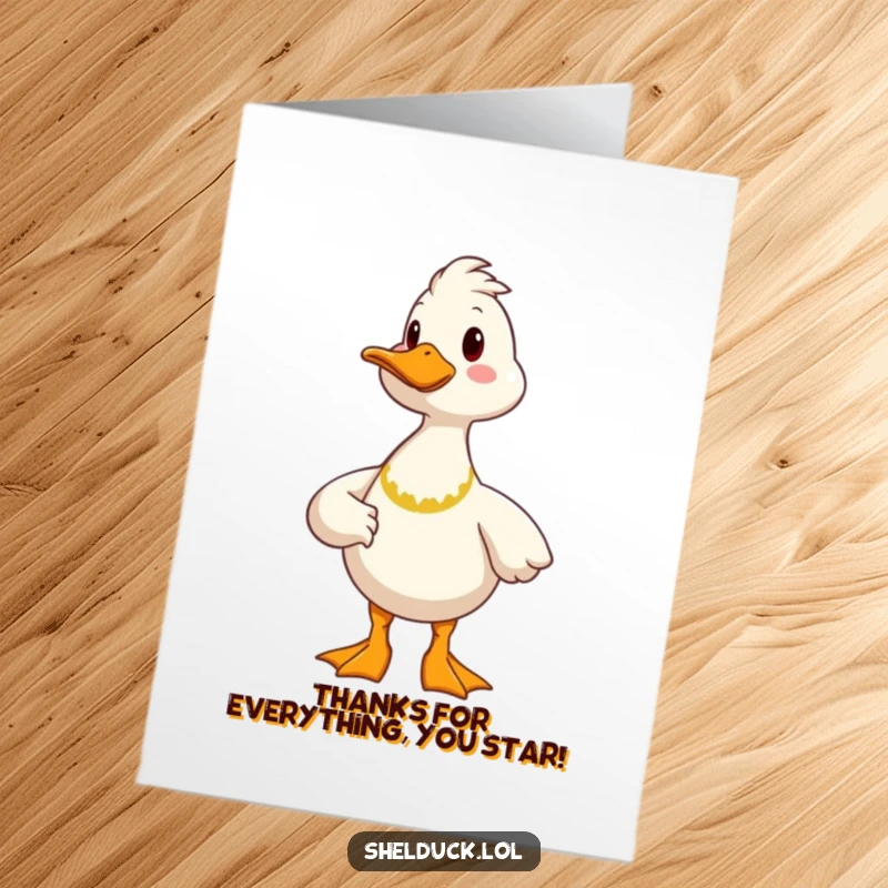 Funny Free Printable Thank You Card featuring a cheerful shelduck looking proud, expressing gratitude with humor.