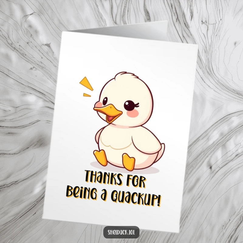 Funny Free Printable Thank You Card: Shelduck quacking cheerfully with visible sound waves, a humorous downloadable.
