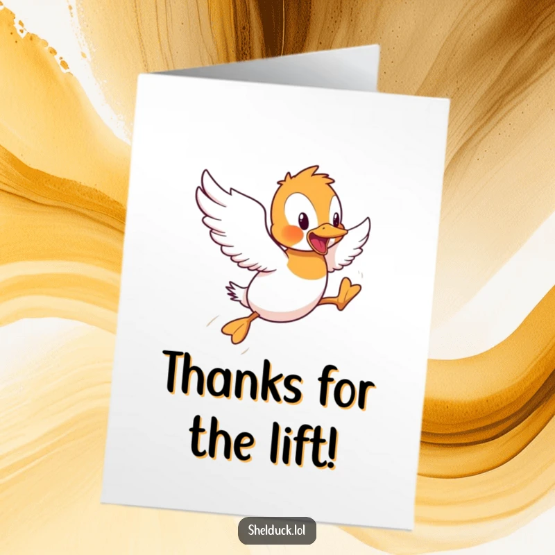 Funny Free Printable Thank You Card: Shelduck making funny hops, showing thanks in a quirky way.