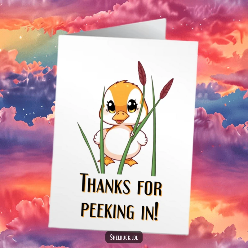 Funny free printable thank you card with a shelduck's wide eyes peeking from behind a reed, offering a delightful thank you.
