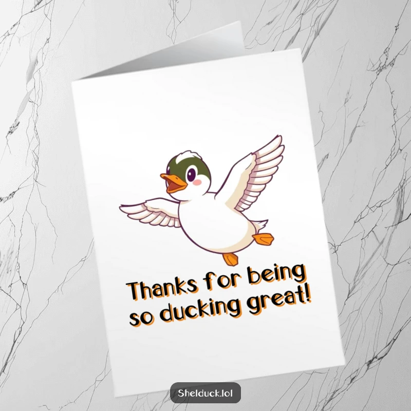 Funny Free Printable Thank You Card: A shelduck flying happily, its wings extended in a grateful gesture.