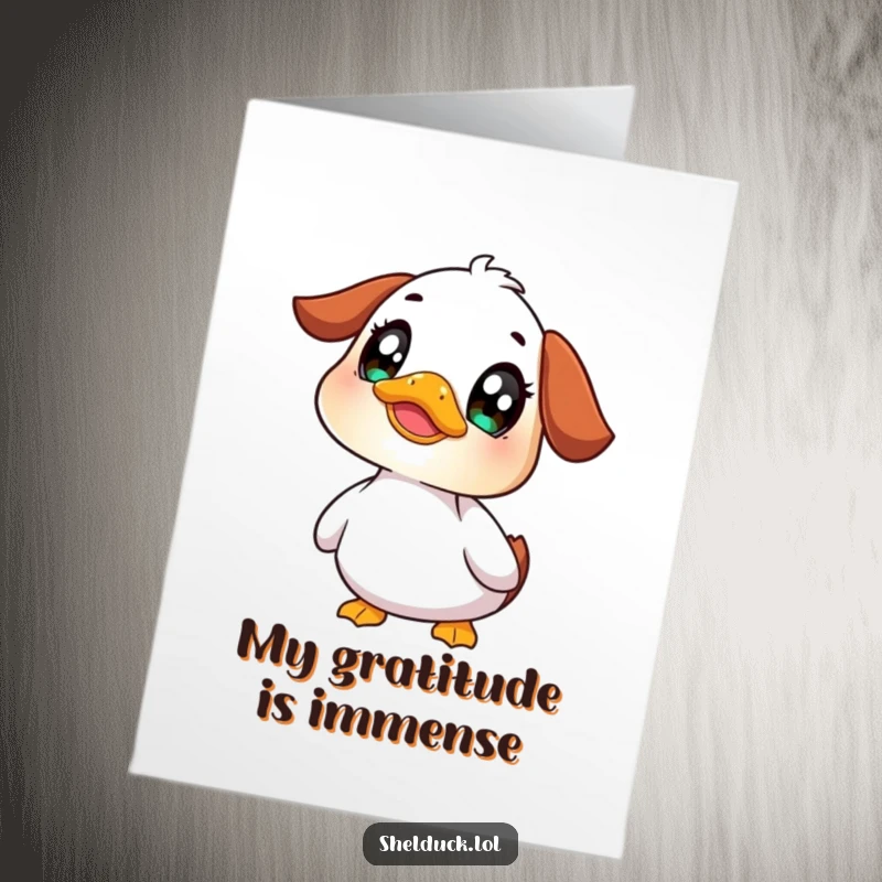 Funny Free Printable Shelduck Thank You Card: A shelduck with wide, curious eyes looking upward, conveying thanks with an adorable, questioning look.